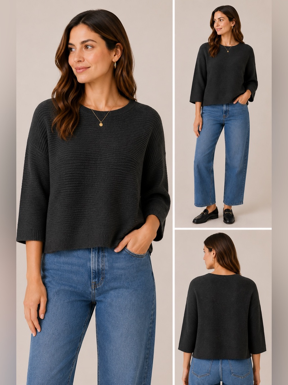 H&M Black Rib Knit Wool Blend Cropped Sweater Women’s Small 3/4 Sleeve Minimalis